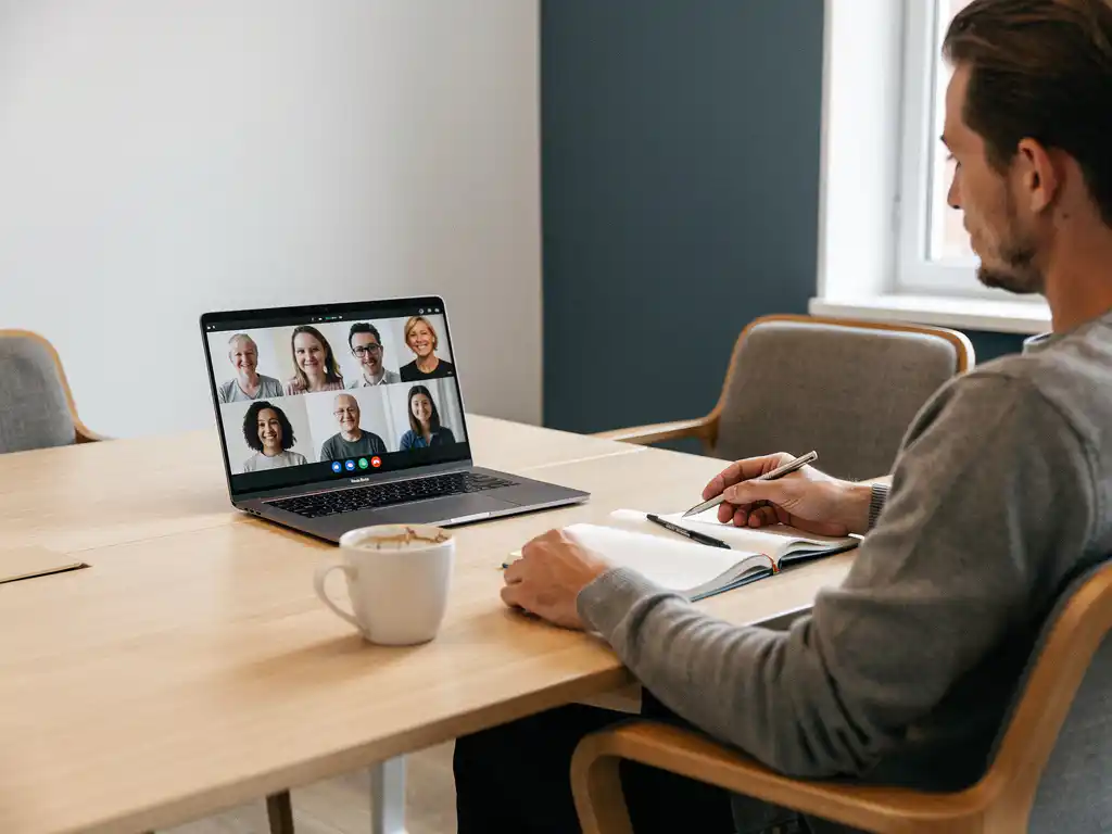 Distansarbetare i videomöte vid nordiskt konferensbord med kollegor på laptopskärm, kaffekopp och anteckningsblock i naturligt fönsterljus.