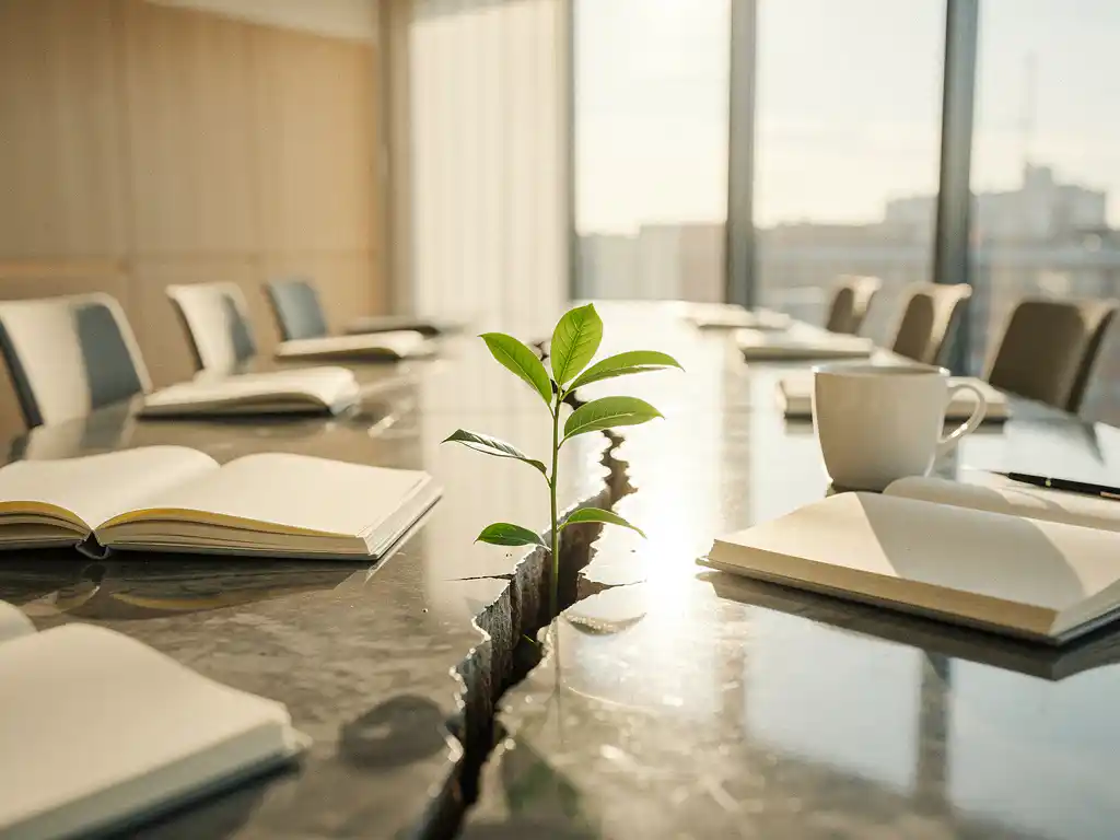 Grön planta som spirar ur en spricka i ett konferensbord, omgiven av anteckningsböcker och kaffekopp i ett minimalistiskt Stockholmskontor.