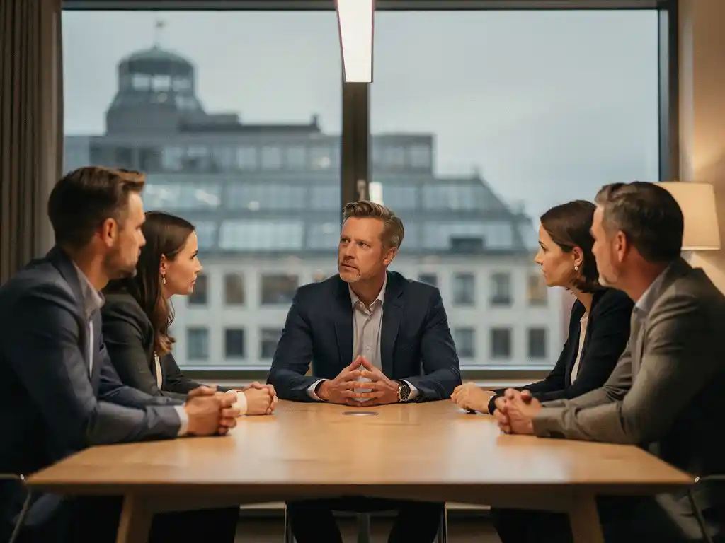Lugn ledare vid skandinaviskt träbord möter sitt team, med Stockholms grå skyline synlig genom fönstret bakom.