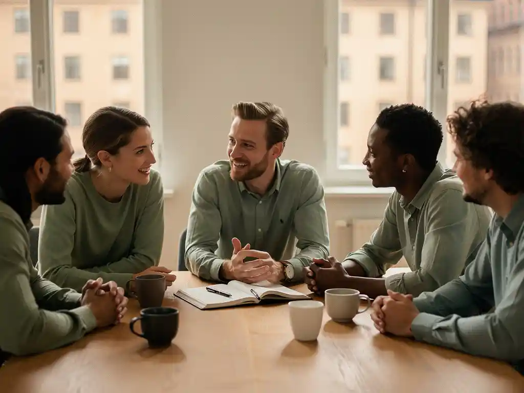 Diverst team av yrkespersoner vid ett konferensbord i Stockholm, engagerade i aktivt lyssnande under ett möte.