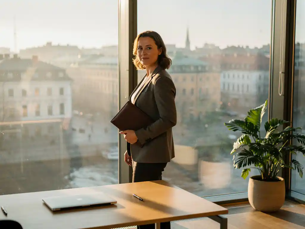 Ny chef vid panoramafönster med utsikt över dimmigt Stockholm, håller lädernotisblock i morgonljus med gyllene skuggor.