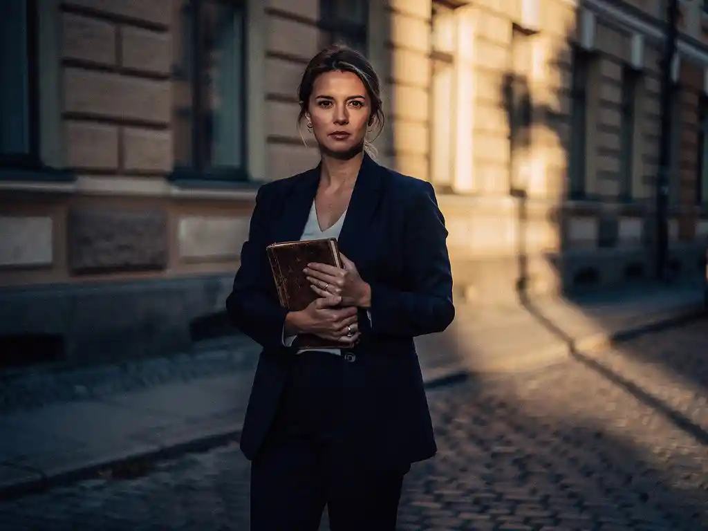 Självständig yrkesperson på solig Stockholmsgata håller lädernotisblock mot bröstet i gyllene kvällsljus.