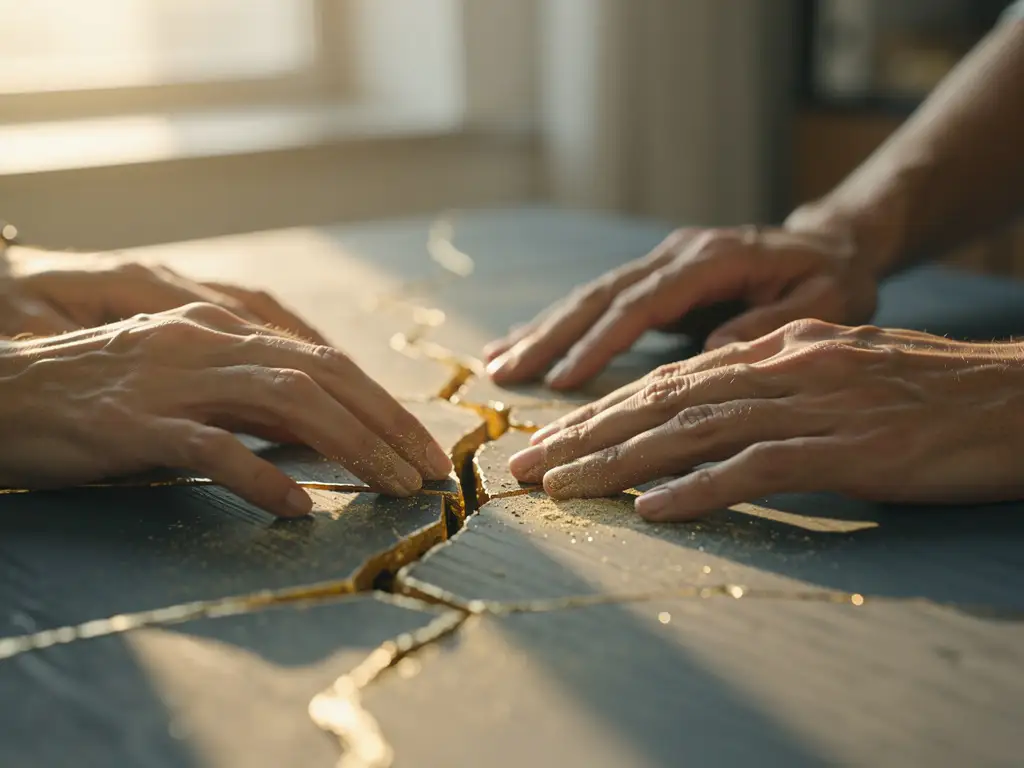 Två par händer reparerar ett sprucket träbord med gyllene kintsugi-lack i mjukt morgonljus.