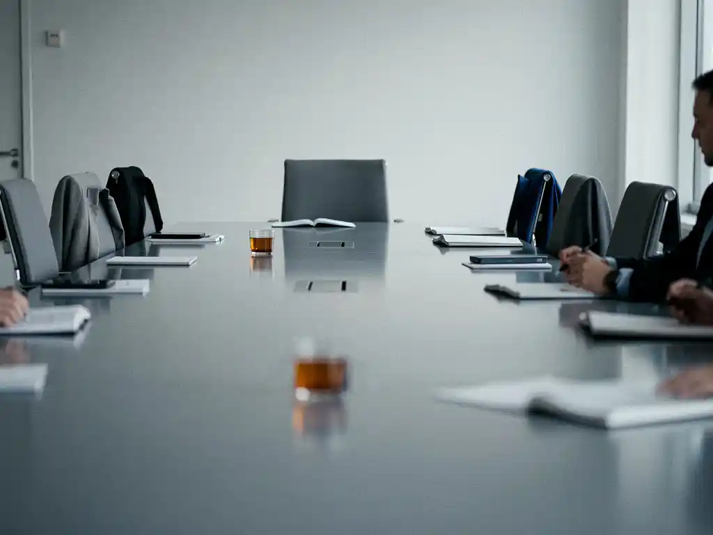 Tom stol dragen från ett modernt konferensbord omgivet av upptagna platser med jackor och anteckningsböcker i minimalistisk stockholmskontorsmiljö.