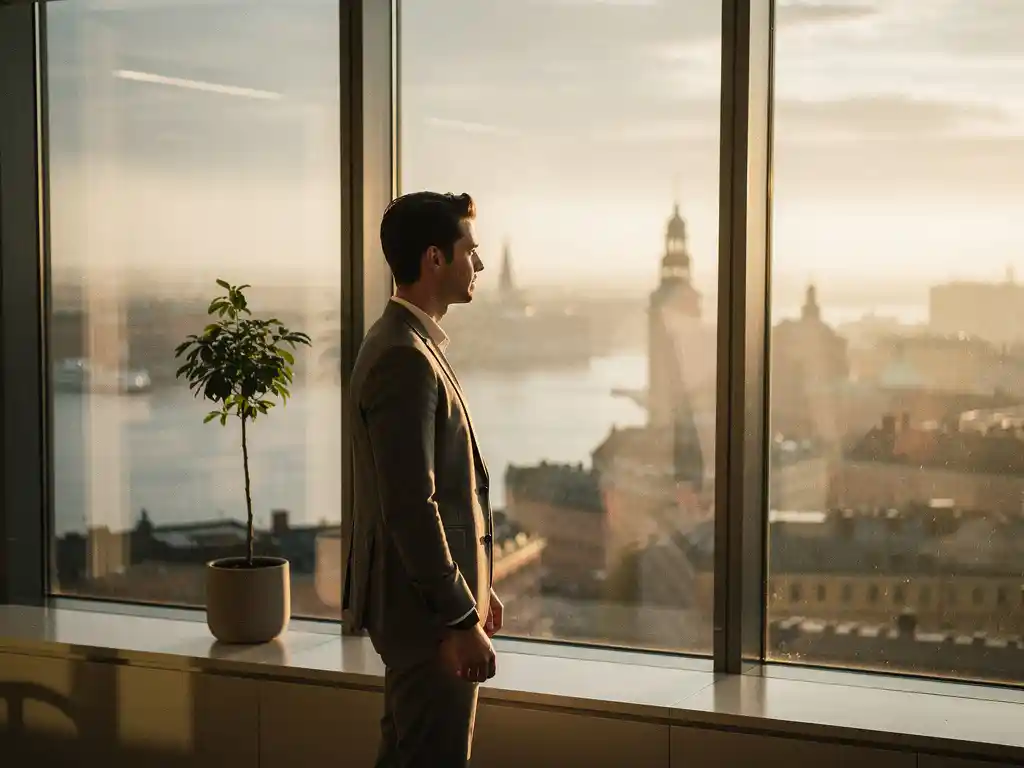 Ung professionell ledare vid ett kontorsfönster med utsikt över dimmig Stockholmssiluett i gyllene timmen, med ett litet träd i keramikkruka på fönsterbrädan.