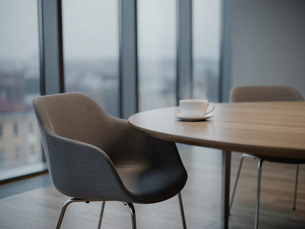 Tom stol vid runt konferensbord i minimalistiskt Stockholmskontor, orörd kaffekopp, mjukt grått morgonljus genom golvhöga fönster.