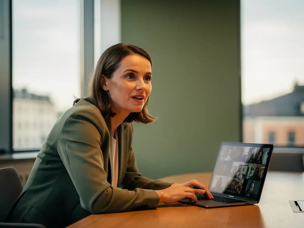 Affärskvinna i engagerat samtal vid träkonferensbord i Stockholmskontor, med öppen laptop och eftermiddagsljus genom stora fönster.