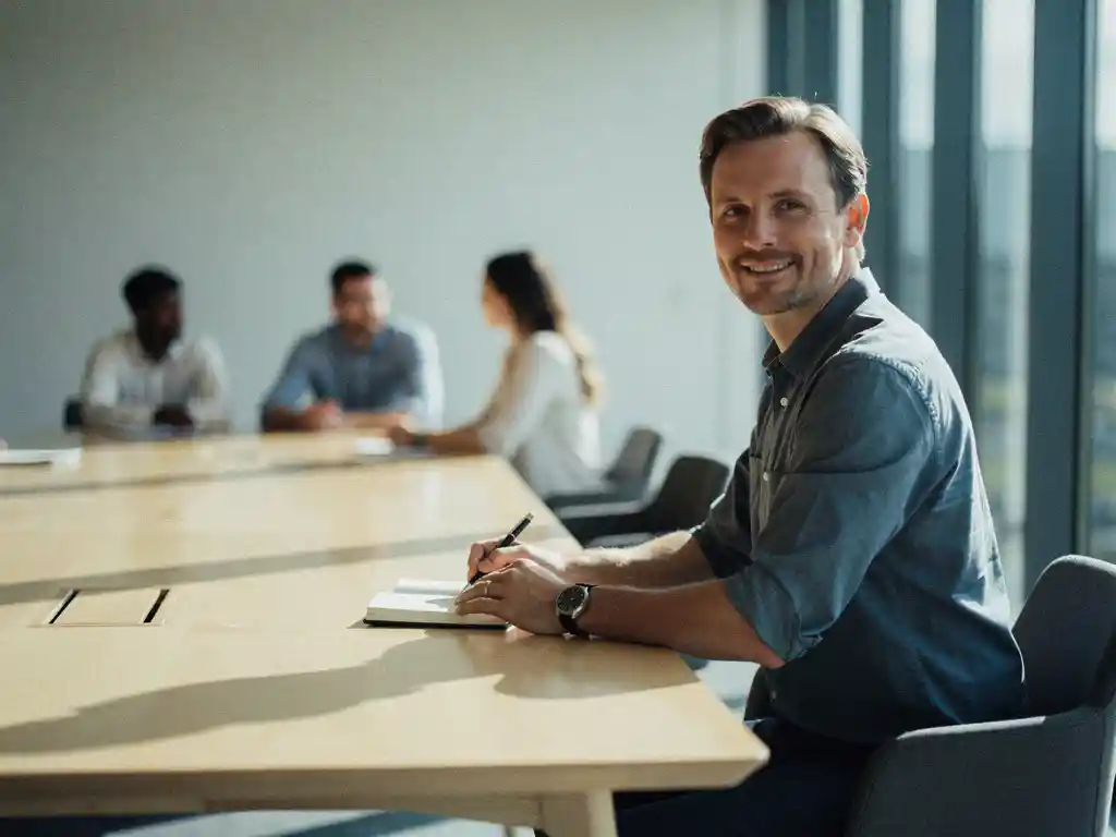 Ledare vid skandinaviskt konferensbord med öppen anteckningsbok, kollegor i bakgrunden, nordiskt dagsljus från golvhöga fönster.