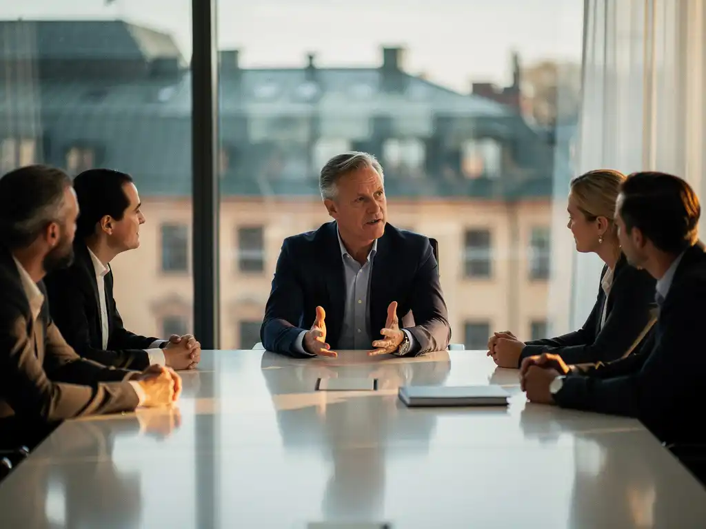 Erfaren ledare gestikulerar öppet mot engagerat team vid konferensbord i Stockholmskontor med golvhöga fönster.