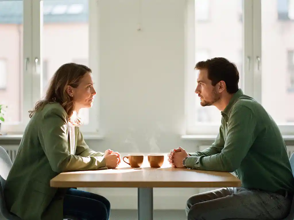 Erfaren mentor och ung ledare i fokuserat samtal vid ekbord, varma kaffekoppar och eftermiddagsljus genom Stockholmsfönster.