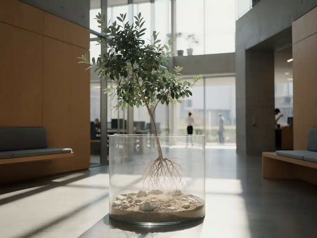 Ensam planta med synliga rötter i transparent kruka i glasatrium med björkpaneler, betongväggar och mjukt morgonljus.