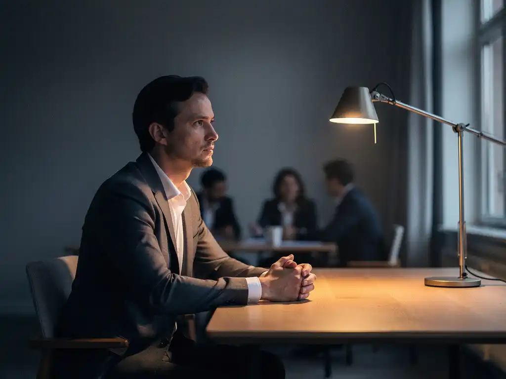 Lugn professionell person vid minimalistiskt skandinaviskt skrivbord med hopknäppta händer, varm skrivbordslampa, kolleger suddigt i bakgrunden.