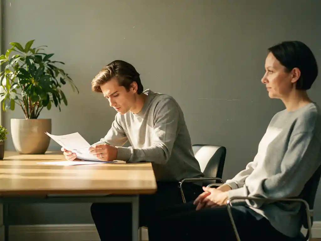 Två yrkespersoner i ett modernt stockholmskontor diskuterar anteckningar i nordisk inredning med varmt morgonljus.