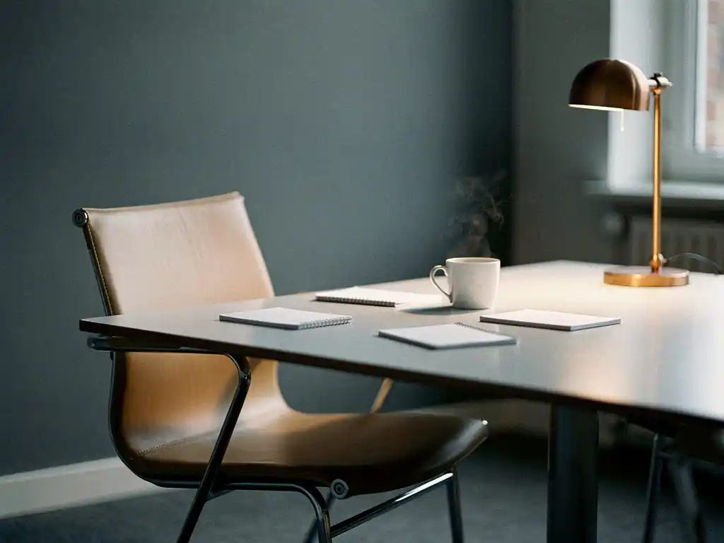 Tom stol vid ett polerat konferensbord i ett minimalistiskt kontor, med en sval kaffekopp och tomma anteckningsblock i dämpat grått och vitt ljus.