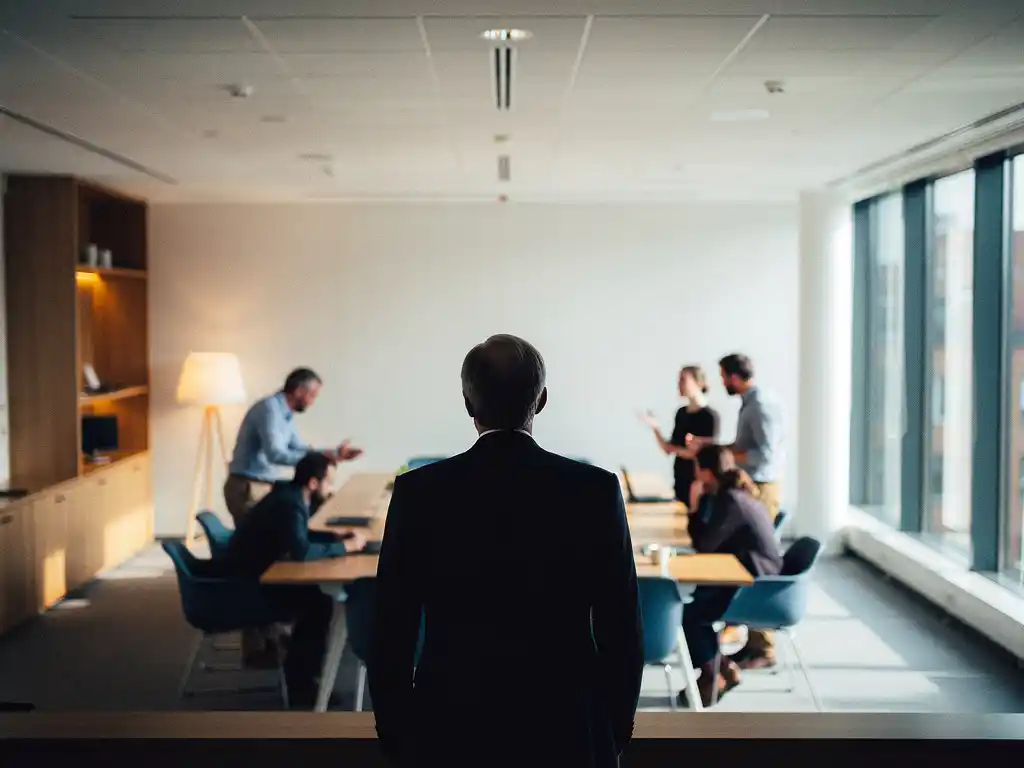 Senior ledare med ryggen vänd observerar självorganiserande team i ljust nordiskt kontorslandskap i Stockholm.