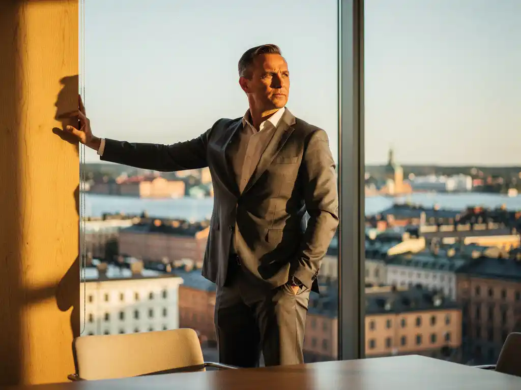 Självsäker ledare vid panoramafönster med utsikt över Stockholms solbelysta stadssilhuett i modernt skandinaviskt kontor.