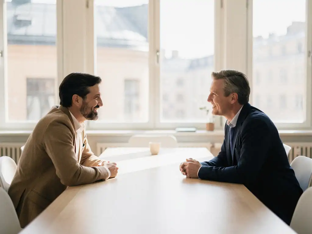 Ledare och medarbetare i avslappnat samtal vid konferensbord i ljust stockholmskontor med skandinavisk inredning.