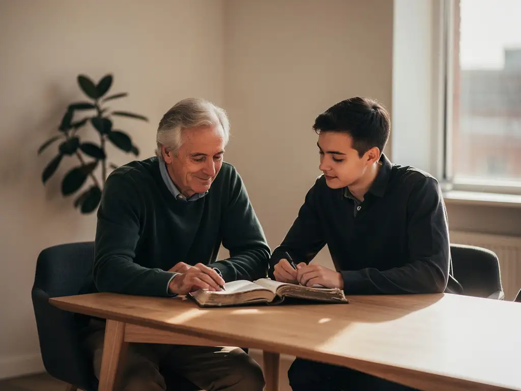 Erfaren ledare och yngre kollega vid ett minimalistiskt ek-bord i samtal, med öppen anteckningsbok och mjukt naturligt fönsterljus.