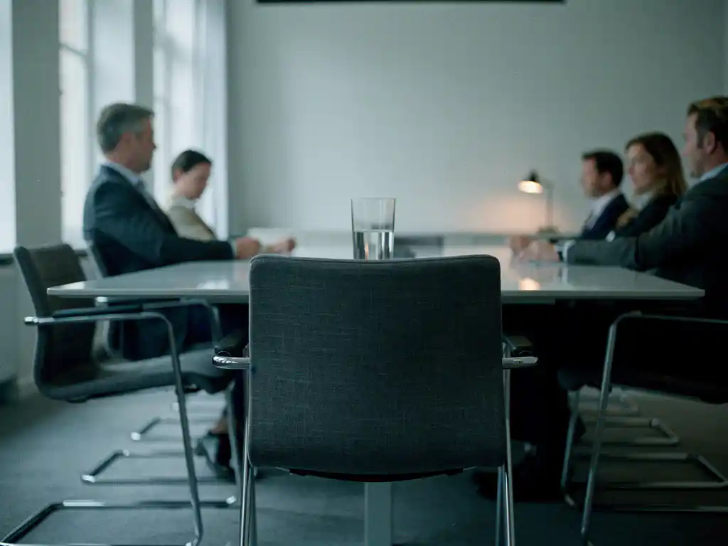 Tom stol vid konferensbord i minimalistiskt Stockholmskontor, omgiven av tystnad och kyligt fönsterljus.