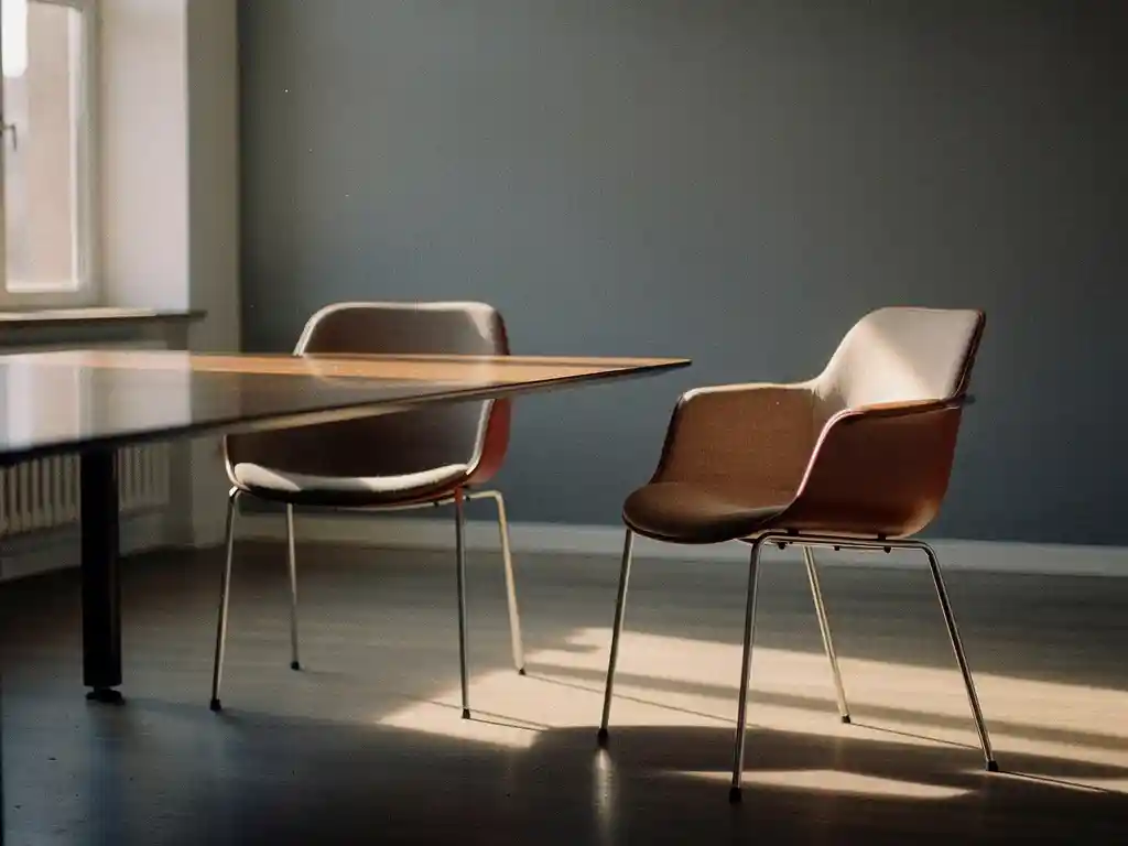 Tom stol vid konferensbord i minimalistiskt Stockholmskontor, kontrasterad mot en välkomnande stol i varmt bärnstensljus.