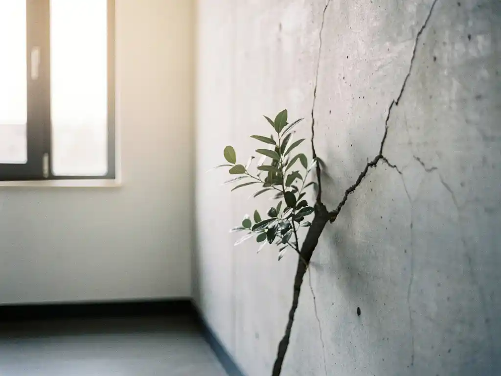 Grön växt som bryter igenom sprickor i en betongvägg i en ljus skandinavisk kontorskorridor med naturligt fönsterljus.