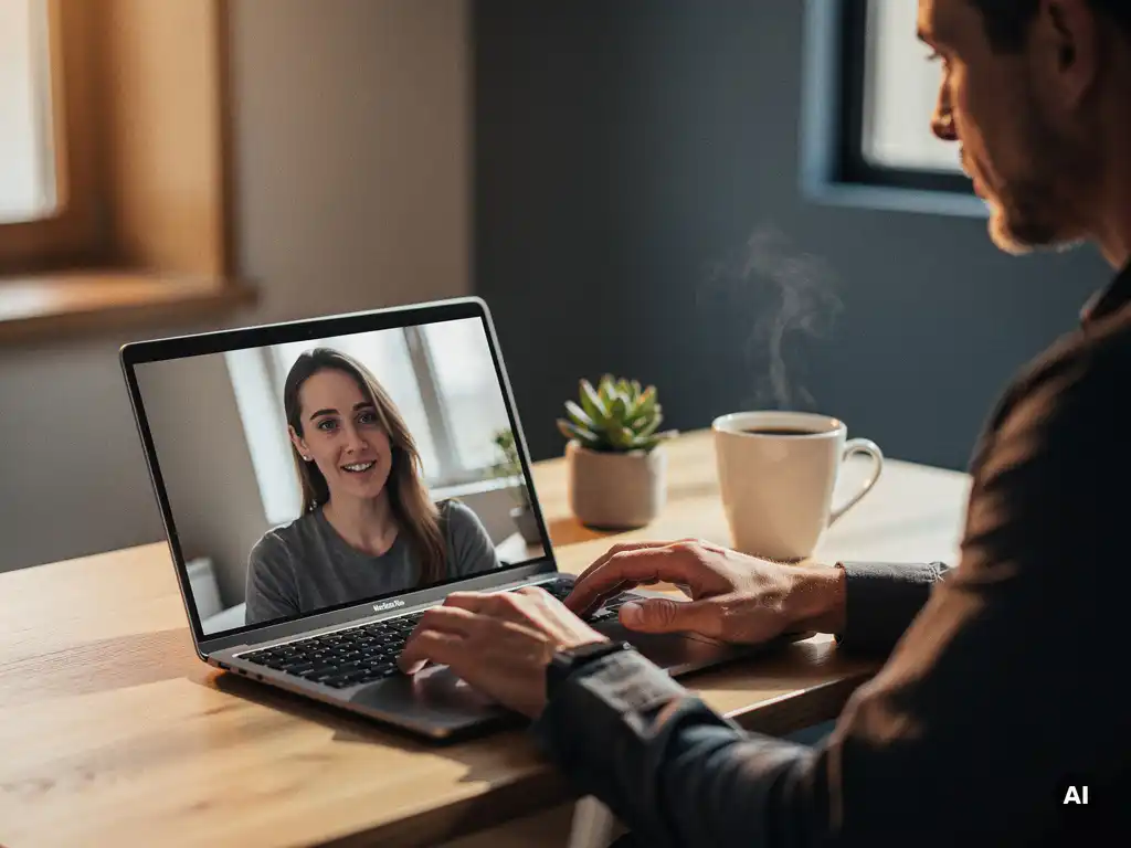 Coach och distansdeltagare i reflekterande samtal via laptop på ekskrivbord med kaffe och suckulentväxt, varmt naturligt fönsterljus.