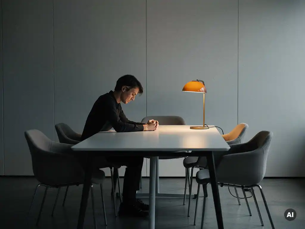 Ensam person med hopknäppta händer vid ett skandinaviskt konferensbord, omgiven av tomma stolar i ett minimalistiskt stockholmskontor med varm bärnstensfärgad lampa.