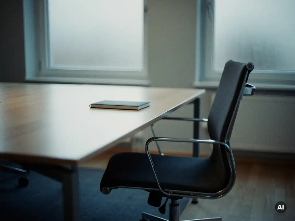 Tom stol vid ett konferensbord i ett minimalistiskt Stockholmskontor med björkträ, frostat fönsterljus och en stängd anteckningsbok.