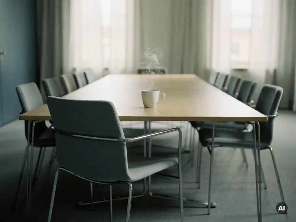 Tom stol vid konferensbord i minimalistiskt Stockholmskontor med en ångande kaffekopp i nordiskt dagsljus.