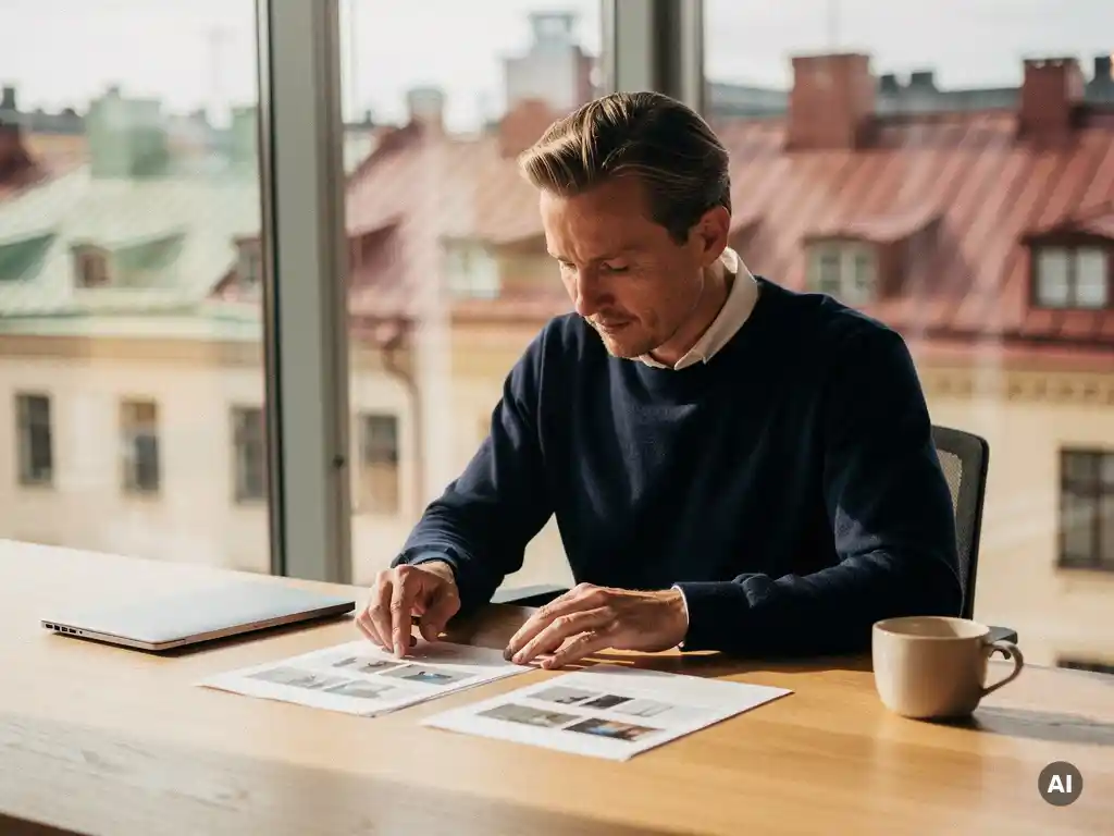 Affärsledare granskar dokumentlista vid ekskrivbord med utsikt över Stockholms hustak i mjukt dagsljus.