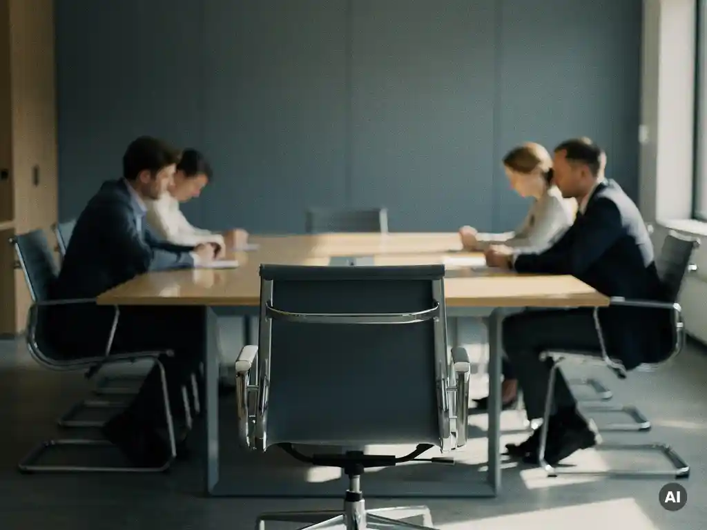 Tom stol vid ett konferensbord i ett skandinaviskt styrelserum, omgiven av tysta deltagare i dämpad blå och grå miljö.